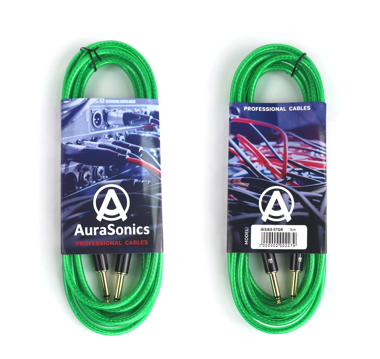 AuraSonics J63J63-5TGR гитарный кабель Jack TS 6.3мм  - Jack TS 6.3мм 5м, 24AWG, 0.22мм², зеленый