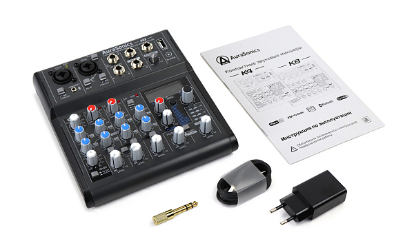 AuraSonics K4 компактный микшерный пульт 2 мик.+1 лин.стерео+FXстерео+дополнительный стереоканал со 