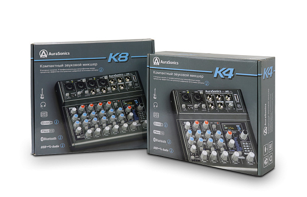 AuraSonics K8 компактный микшерный пульт 2 мик.+2 мик.моно/линейных стерео+1 лин.стерео+FXстерео+доп
