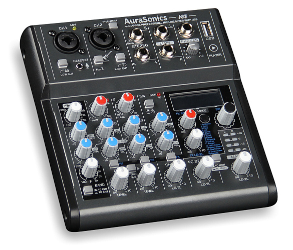 AuraSonics K4 компактный микшерный пульт 2 мик.+1 лин.стерео+FXстерео+дополнительный стереоканал со 