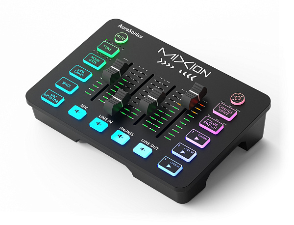 AuraSonics MIXION USB-аудиоинтерфейс, микшер, для геймеров и стримеров, 4 фейдера, кнопки MUTE, эффе