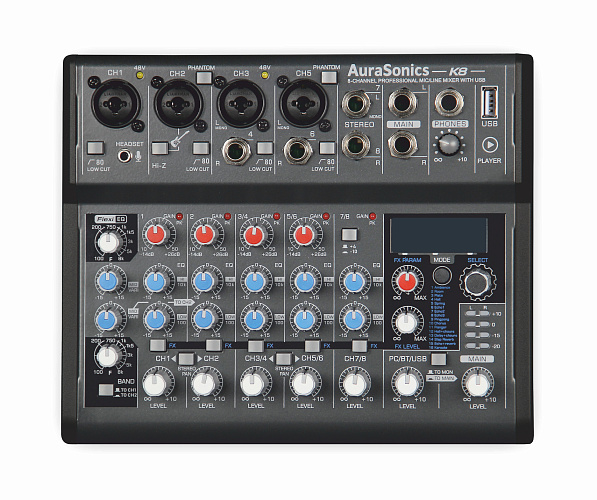 AuraSonics K8 компактный микшерный пульт 2 мик.+2 мик.моно/линейных стерео+1 лин.стерео+FXстерео+доп