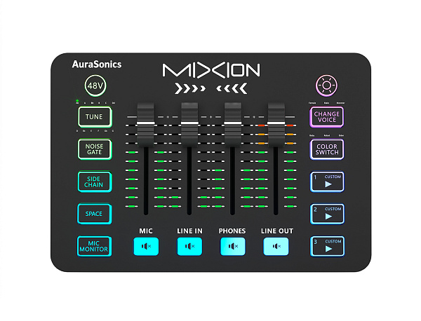 AuraSonics MIXION USB-аудиоинтерфейс, микшер, для геймеров и стримеров, 4 фейдера, кнопки MUTE, эффе