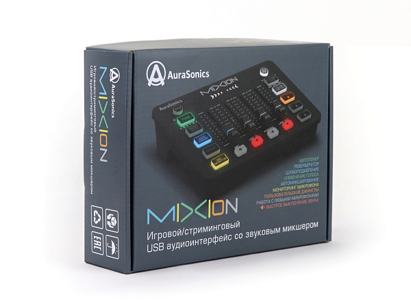AuraSonics MIXION USB-аудиоинтерфейс, микшер, для геймеров и стримеров, 4 фейдера, кнопки MUTE, эффе